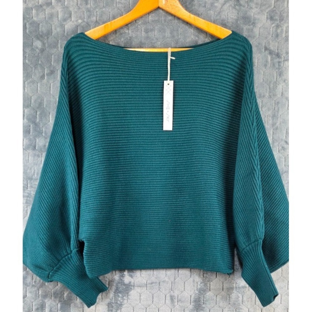 She‎ + Sky Sweater Womens XL Teal Batwing Balloon Sleeve Pullover Soft Knit